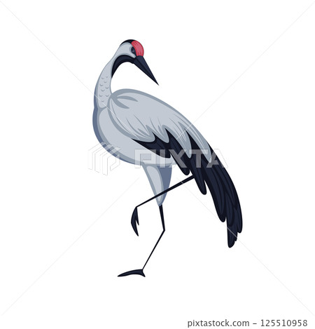 Japan crane in flat design. Beautiful bird with white feathers posing. Vector illustration isolated. 125510958