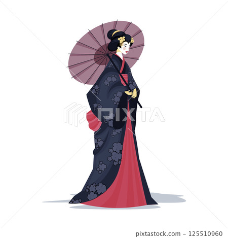 Geisha in kimono with umbrella in flat design. Woman in japanese traditional dress. Vector illustration isolated. 125510960
