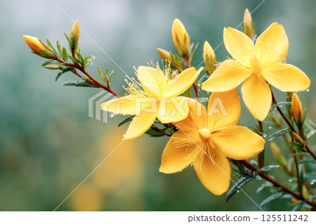 Bright yellow St. John's wort flowers with water droplets on soft blurred background, known for relieving depression, reducing anxiety, healing wounds, and supporting nervous system health. 125511242