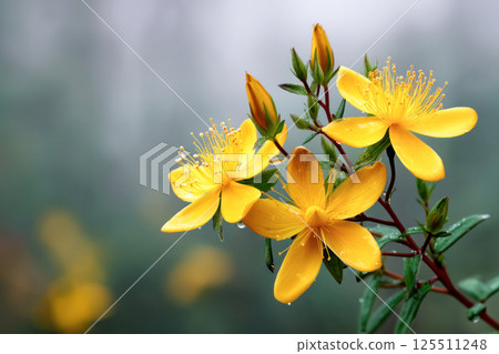 Bright yellow St. John's wort flowers with water droplets on soft blurred background, known for relieving depression, reducing anxiety, healing wounds, and supporting nervous system health. 125511248
