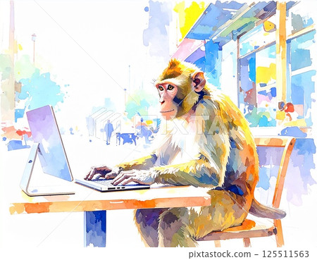 A monkey working on a laptop in a stylish cafe in town 125511563