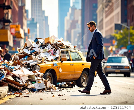 一名男子在交通事故後經過一輛被垃圾覆蓋的汽車 125511764