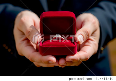 Men's hands holding red box with ring. Close-up. Jewelry Men's hands holding red box with ring. Close-up. Jewelry 125511810