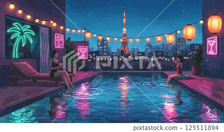 Tokyo night view and the glittering rooftop night pool Tokyo night view and the glittering rooftop night pool 125511894