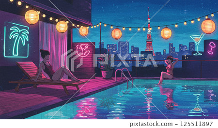 Tokyo night view and the glittering rooftop night pool 125511897