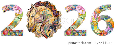 Zentangle stylized number 2026 with horse. Hand Drawn lace vector illustration 125511978