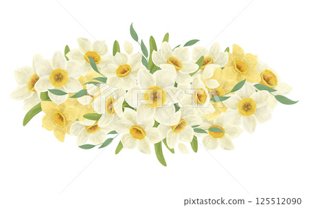 Floral arrangement of a bouquet of white and yellow daffodils, leaves, handmade digital illustration on a white background. An element for the design Floral arrangement of a bouquet of white and yellow daffodils, leaves, handmade digital illustration on a white background. An element for the design 125512090