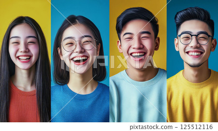 Four happy young Asian adults laugh brightly against vibrant color backgrounds. 125512116