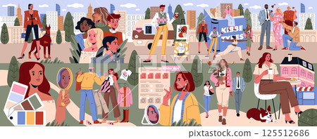 A vibrant and colorful artwork depicting people joyfully engaged in various daily activities throughout the city 125512686
