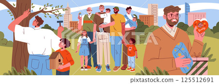 A vibrant scene of diverse individuals engaging in activities like gardening, art, and community projects A vibrant scene of diverse individuals engaging in activities like gardening, art, and community projects 125512691