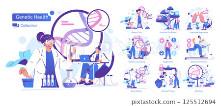 Genetic Health collection. This illustration highlights various aspects of genetic health including testing, counseling, and disease prevention. It emphasizes the importance of understanding genetic Genetic Health collection. This illustration highlights various aspects of genetic health including testing, counseling, and disease prevention. It emphasizes the importance of understanding genetic 125512694