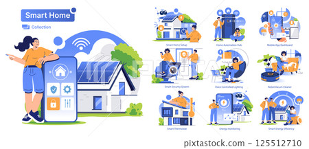 Smart Home Collection illustrates modern home automation concepts, showcasing innovative technologies for security, energy efficiency, and convenience. A seamless integration of smart devices enhances 125512710
