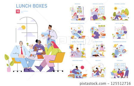 Lunch Boxes set. A collection showcasing the importance of nutritious meals and meal prep. Engaging visuals emphasize health, effective planning, and mindful eating practices. Vector illustration. 125512716
