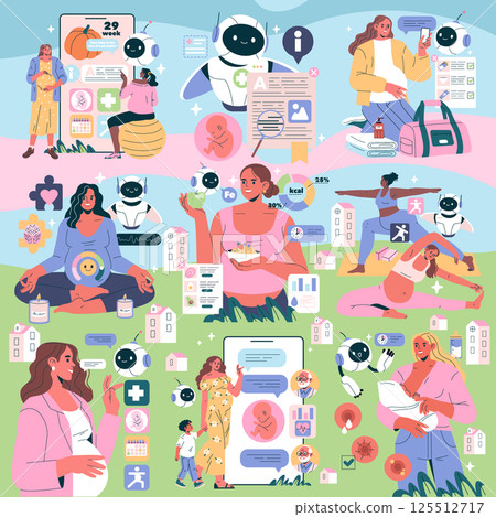 AI Pregnancy Counselor illustration. A comprehensive visual guide promoting maternal health through technology. Highlights wellness, nutrition, support systems, and exercise during pregnancy. Vector 125512717