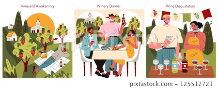 National Wine Day set. Celebrating the joys of wine across scenic vineyard settings from relaxed picnics to elegant dinners and tastings. Vector illustration. National Wine Day set. Celebrating the joys of wine across scenic vineyard settings from relaxed picnics to elegant dinners and tastings. Vector illustration. 125512721
