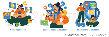 Brain Rot concept. Explores the impact of digital addiction on daily life through humorous illustrations. Highlights meme, social media, and smartphone addiction in contemporary society. Vector 125512724