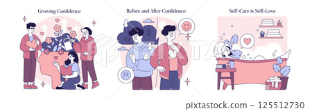 Beauty psychology encompasses themes of growth and self-acceptance. The illustration conveys personal transformation through confidence stages and emphasizes self-care as an essential practice. 125512730