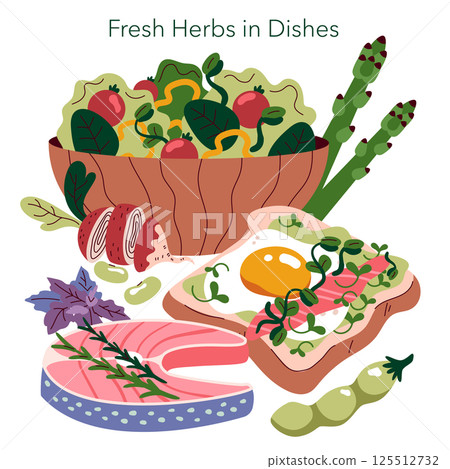 Fresh herbs enhance the appeal of various dishes. This illustration features a vibrant display of a salad, eggs on toast, seafood, and other ingredients, reflecting a healthy lifestyle and culinary Fresh herbs enhance the appeal of various dishes. This illustration features a vibrant display of a salad, eggs on toast, seafood, and other ingredients, reflecting a healthy lifestyle and culinary 125512732