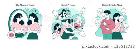 Psychology Of Self Acceptance set. Overcoming self-doubt, resisting social pressure, and removing emotional masks help build authentic self-worth and mental well-being. Vector illustration. Psychology Of Self Acceptance set. Overcoming self-doubt, resisting social pressure, and removing emotional masks help build authentic self-worth and mental well-being. Vector illustration. 125512738