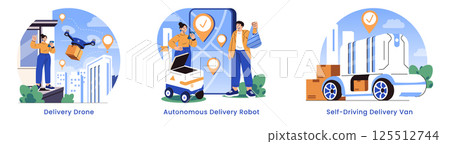 Future Of Delivery set. Modern delivery methods using drones, autonomous robots and self-driving vans offer fast convenient solutions for urban consumers in a connected technology-driven environment 125512744