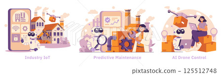 AI in Industry and Manufacturing promotes efficiency through automation. It encompasses IoT, predictive maintenance, and drone control, transforming production processes and enhancing productivity 125512748