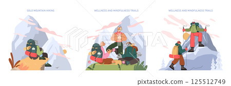 Mountain tourism set. Group and solo hiking in scenic mountains with mindfulness moments and meditative pauses. Adventurers explore nature while relaxing outdoors and enjoying the surrounding peace 125512749