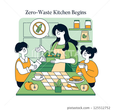Sustainability at home emphasizes a zero-waste lifestyle. Families work together to reduce waste, learning to incorporate fresh produce and eco-friendly practices in the kitchen. Vector illustration. 125512752