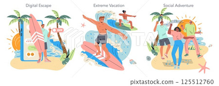 Digital Detox set. Illustration depicting people enjoying a tech-free vacation, engaged in surfing and social interactions on a tropical beach setting. Digital Detox set. Illustration depicting people enjoying a tech-free vacation, engaged in surfing and social interactions on a tropical beach setting. 125512760