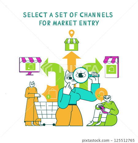 Marketing tools and strategies for effective market entry selection. Visual focuses on analyzing channel options and understanding consumer behavior while engaging in shopping. Vector illustration. 125512765