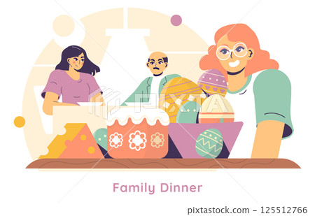 Easter concept. Happy family enjoying Easter dinner at home with decorative eggs and festive pastries creating warm and cozy atmosphere of joy and togetherness. Vector illustration. 125512766
