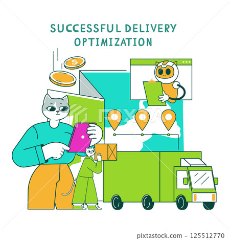 Business Cat concept. Engaging illustration depicting a cat using technology for delivery optimization. It includes maps, location markers, and a delivery truck, highlighting efficient logistics 125512770