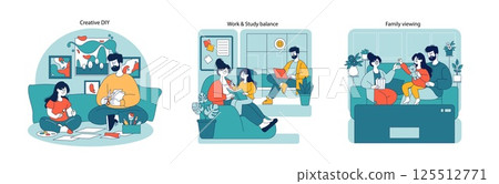 Family life vector set presents scenes of creative DIY, a work and study balance, and a family viewing night. Illustrates daily indoor activities in a cozy home setting. 125512771