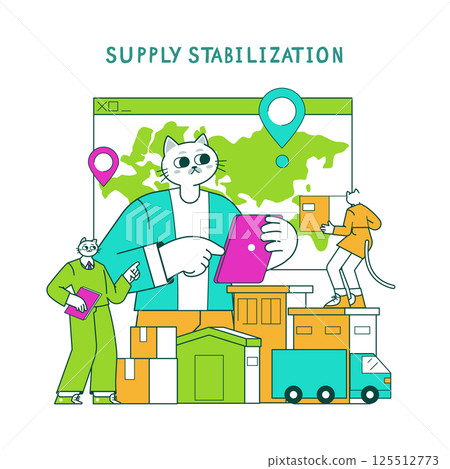 Business cat oversees supply stabilization with digital tools, while other cats engage in logistics tasks. This illustration represents modern approaches to managing supply chains effectively. 125512773