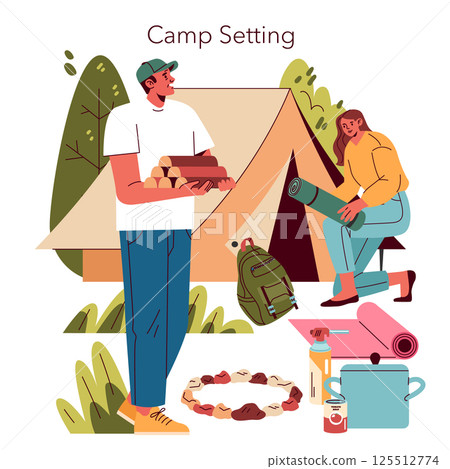 A colorful camping scene with diverse groups engaging in various activities amid natures beauty outdoors 125512774