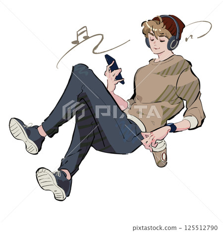 一位男士戴著耳機聽音樂的插圖長袖秋冬 一位男士戴著耳機聽音樂的插圖長袖秋冬 125512790