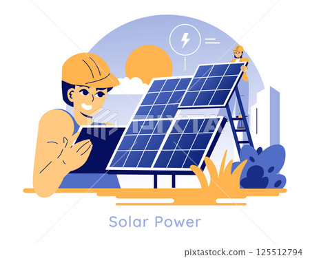 Solar power illustration featuring workers installing solar panels under a sunny sky. The scene captures renewable energy's benefits, showcasing expertise and sustainable technology in action. 125512794
