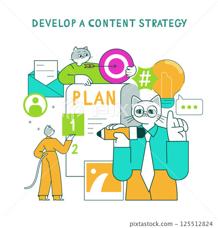Marketing tools in action for effective content strategy development. Featuring a cat and diverse elements representing planning and creativity in a professional setting. Vector illustration. Marketing tools in action for effective content strategy development. Featuring a cat and diverse elements representing planning and creativity in a professional setting. Vector illustration. 125512824
