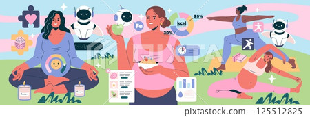 AI Pregnancy Counselor concept. Illustration showing a diverse group of pregnant women engaging in wellness activities with AI support. It highlights nutrition, fitness, and mental well-being. Vector 125512825