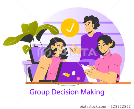 Group decision making process in a collaborative environment. Individuals engage actively, sharing ideas and evaluating options. Emphasizes teamwork and effective communication for better outcomes Group decision making process in a collaborative environment. Individuals engage actively, sharing ideas and evaluating options. Emphasizes teamwork and effective communication for better outcomes 125512832