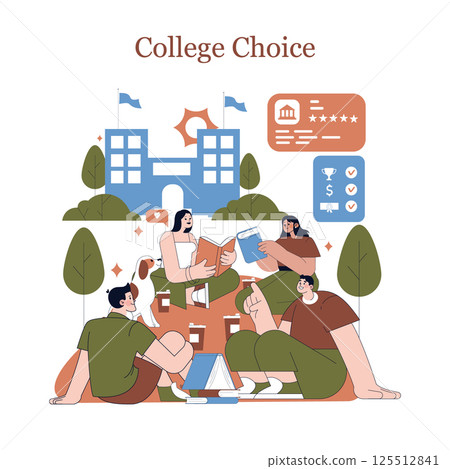 A vibrant and lively scene of students enthusiastically discussing their college choices while outdoors 125512841