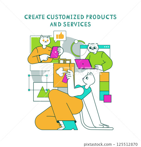 Product marketing illustration featuring cats involved in creating customized products and services. The scene highlights teamwork and creativity in a digital workspace, emphasizing innovation in Product marketing illustration featuring cats involved in creating customized products and services. The scene highlights teamwork and creativity in a digital workspace, emphasizing innovation in 125512870