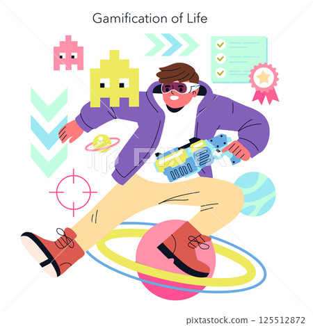Beta Generation concept. The interplay of life and gamification is explored through a playful character engaged in an adventurous activity. Emphasizes creativity, challenges, and rewards in modern 125512872