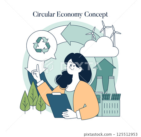 Circular economy concept emphasizes sustainable business practices. It shows a woman engaged in eco-friendly initiatives, promoting recycling, renewable energy, and efficient resource management Circular economy concept emphasizes sustainable business practices. It shows a woman engaged in eco-friendly initiatives, promoting recycling, renewable energy, and efficient resource management 125512953