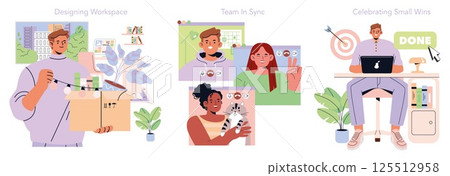 Tomorrow Work set. Modern workplace trends feature setting up inviting workspaces, remote team collaboration via video calls, and recognizing achievements with digital rewards. Vector illustration. Tomorrow Work set. Modern workplace trends feature setting up inviting workspaces, remote team collaboration via video calls, and recognizing achievements with digital rewards. Vector illustration. 125512958