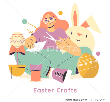 Easter crafts concept. Young woman creating festive decorations and colorful eggs at home preparing for holiday celebration in cozy atmosphere with bunny toy nearby. Vector illustration Easter crafts concept. Young woman creating festive decorations and colorful eggs at home preparing for holiday celebration in cozy atmosphere with bunny toy nearby. Vector illustration 125512959