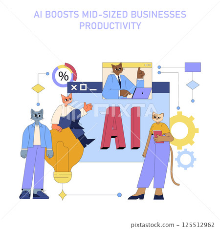 AI transforms mid-sized business productivity, featuring anthropomorphic animals using technology. 125512962