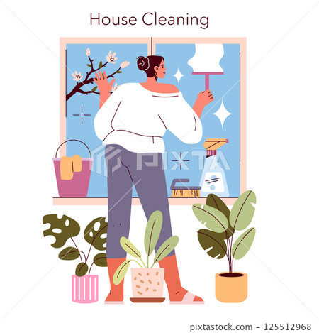 House cleaning illustration captures a woman washing a window, surrounded by plants in bright spring settings. This scene symbolizes renewal and the joy of fresh beginnings in the home. 125512968