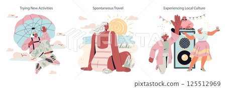 Silver Society set. Active older adults embrace new experiences like adventure sports, spontaneous travel, and local cultural events, reflecting dynamic lifestyles and social engagement. Vector Silver Society set. Active older adults embrace new experiences like adventure sports, spontaneous travel, and local cultural events, reflecting dynamic lifestyles and social engagement. Vector 125512969