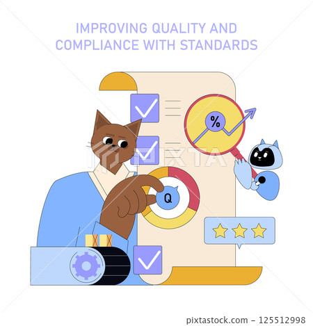 AI enhances global business by improving quality and compliance with standards through efficient processes. The illustration presents a cat working with data metrics and quality measures. Vector 125512998