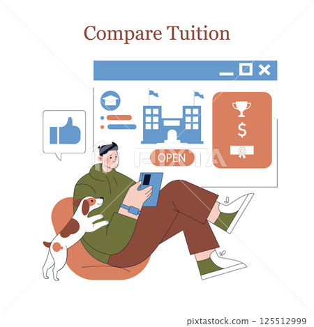 A student explores tuition comparisons online, accompanied by a dog, representing modern education choices. 125512999